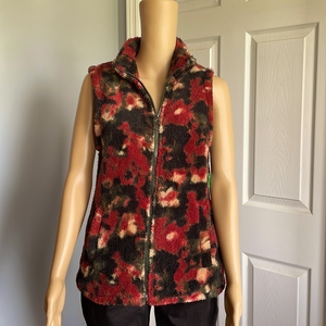 Black Floral Full Zip‎ Faux Fur Fleece Fuzzy Vest Jacket Coat - S